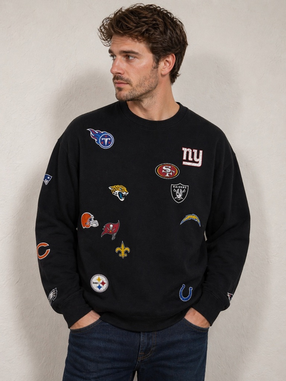 NFL Team Apparel Multi Football‎ Teams Black Men’s Crewneck Sweater